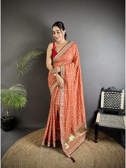 Elora - Peach Vichitra Silk Bandhej Bandhani Saree with Unstitched Blouse