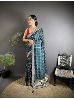 Elora - Navy Blue Vichitra Silk Bandhej Bandhani Saree with Unstitched Blouse