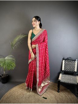 Elora - Hot Pink Vichitra Silk Bandhej Bandhani Saree with Unstitched Blouse