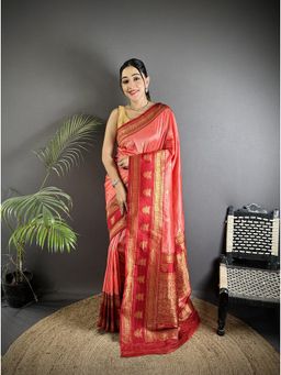 Elora - Peach Soft Silk Banarasi Zari Woven Butti Weaving Saree with Unstitched Blouse