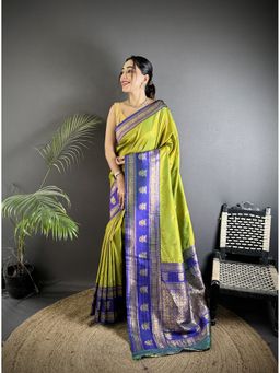 Elora - Green Soft Silk Banarasi Zari Woven Butti Weaving Saree with Unstitched Blouse