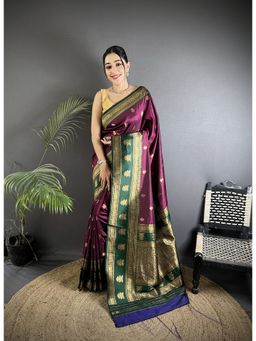 Elora - Wine Soft Silk Banarasi Zari Woven Butti Weaving Saree with Unstitched Blouse