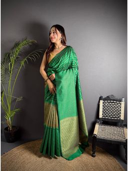 Elora - Emerald Green Soft Lichi Silk Banarasi Zari Work Saree with Unstitched Blouse