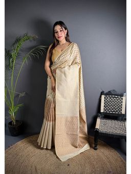 Elora - Off White Soft Lichi Silk Banarasi Zari Work Saree with Unstitched Blouse