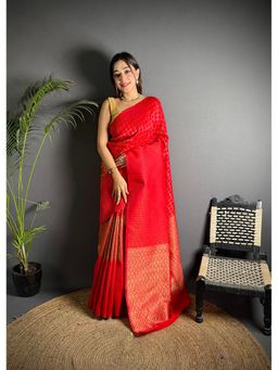 Elora - Red Soft Lichi Silk Banarasi Khicha Zari Work Saree with Unstitched Blouse