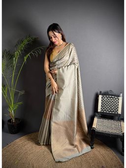 Elora - Grey Soft Lichi Silk Banarasi Khicha Zari Work Saree with Unstitched Blouse