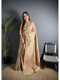Elora - Beige Soft Lichi Silk Banarasi Khicha Zari Work Saree with Unstitched Blouse