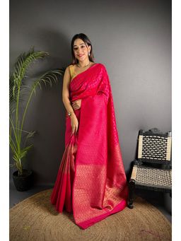 Elora - Hot Pink Soft Lichi Silk Banarasi Zari Work Saree with Unstitched Blouse