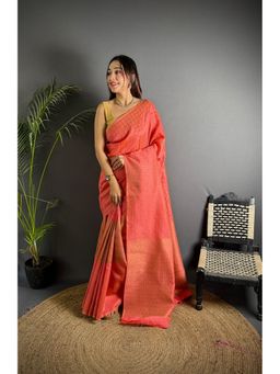 Elora - Peach Soft Lichi Silk Banarasi Khicha Zari Work Saree with Unstitched Blouse