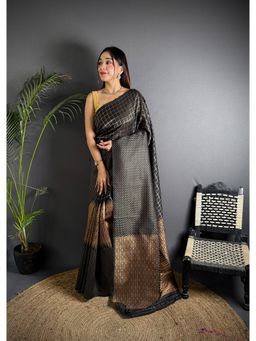 Elora - Black Soft Lichi Silk Banarasi Khicha Zari Work Saree with Unstitched Blouse