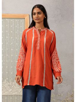 Lakshita - Embroidered Cotton Viscose Crinkled Orange Top