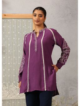 Lakshita - Embroidered Cotton Viscose Crinkled Purple Top
