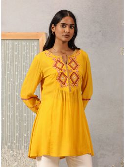 Lakshita - Embroidered Crinkled Rayon Mustard Top