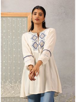 Lakshita - Embroidered Crinkled Rayon Ivory Top