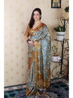 ELITE WEAVES - Gold Soft Silk Abstract Printed Zari Woven Saree with Unstitched Blouse