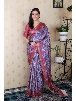 ELITE WEAVES - Pink Soft Silk Abstract Printed Zari Woven Saree with Unstitched Blouse