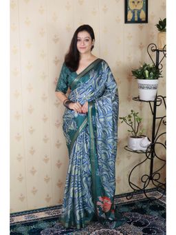 ELITE WEAVES - Blue Soft Silk Abstract Printed Zari Woven Saree with Unstitched Blouse
