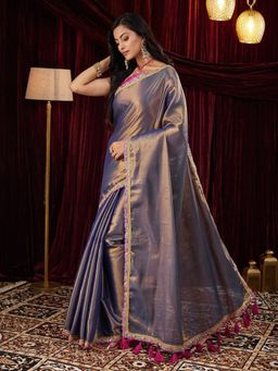 FABMORA - Embellished Embroidered Kanjivaram Silk Blend Saree With Unstitched Blouse