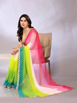 FABMORA - Embellished Colorblock Georgette Saree With Unstitched Blouse