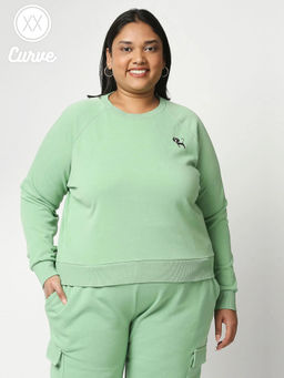 Twenty Dresses by Nykaa Fashion - Curve Green Cat Print Crew Neck Basics Sweatshirt