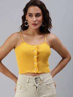 SHOWOFFFF - Women's Solid Fitted Yellow Shoulder Straps Crop Top