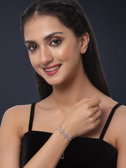 ZENEME - Rhodium-Plated Pink American Diamond Adjustable Bracelet