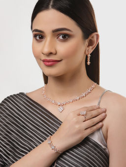 ZENEME - Rose Gold-Plated White Ad Studded Jewellery Set