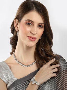ZENEME - Silver-Toned Stone-Studded Rhodium Plated Jewellery Set