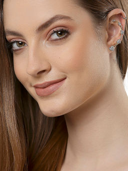 ZENEME - Gold Plated Dual Toned Cz Stone Studded Heart Shaped Ear Cuffs