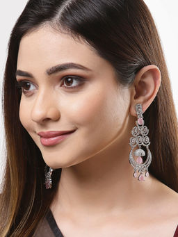 ZENEME - Rhodium Plated Silver Toned Pink American Diamond Studded Chandelier Earrings