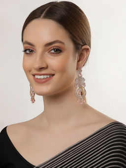 ZENEME - Rose Gold-Plated Pink-Coloured American Diamond Studded Drop Earrings