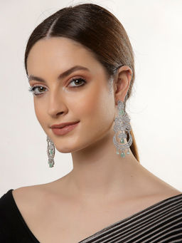 ZENEME - Rhodium Plated Silver Toned Mint Green American Diamond Studded Chandelier Earrings