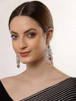ZENEME - Rhodium Plated Silver Toned Red American Diamond Studded Chandelier Earrings