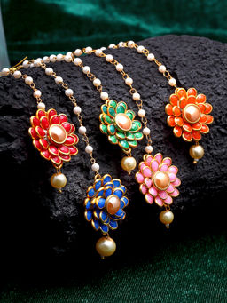 ZENEME - Gold-Plated Cz Stone Studded Multi Colour Set Of 5 Maang Tikkas