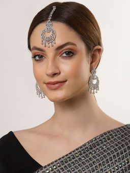 ZENEME - Rhodium Plated Silver-Toned Round American Diamond Studded Maang Tikka & Earrings