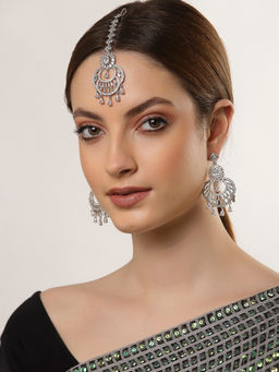 ZENEME - Rhodium Plated Silver-Toned Round American Diamond Studded Maang Tikka & Earrings