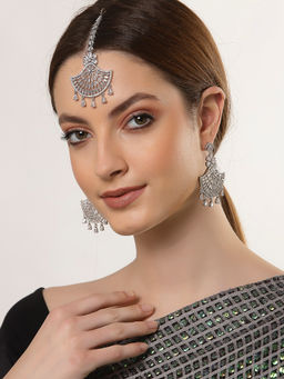 ZENEME - Rhodium Plated Silver-Toned Round American Diamond Studded Maang Tikka & Earrings