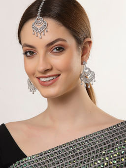 ZENEME - Rhodium Plated Silver-Toned Round American Diamond Studded Maang Tikka & Earrings