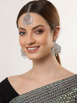 ZENEME - Rhodium Plated Silver-Toned Round American Diamond Studded Maang Tikka & Earrings