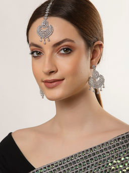 ZENEME - Rhodium Plated Silver-Toned Round American Diamond Studded Maang Tikka & Earrings