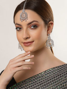 ZENEME - Rhodium Plated Silver-Toned Round American Diamond Studded Maang Tikka & Earrings