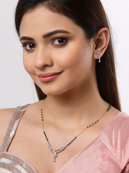 ZENEME - Black Gold-Plated Ad-Studded Mangalsutra with Earrings