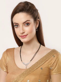 ZENEME - Black Gold-Plated Stone-Studded Leaf Shaped Mangalsutra & Earrings