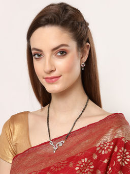 ZENEME - Gold-Plated White Pink Ad-Studded Black Beaded Mangalsutra with Earrings