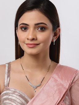 ZENEME - Gold-Plated Black White Ad-Studded Beaded Mangalsutra & Earrings