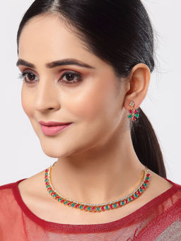 ZENEME - Gold-Plated Red & Green American Diamond Studded Necklace with Earrings