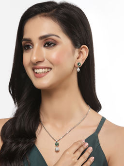 ZENEME - Rhodium-Plated Green Ad Studded Pendant with Earrings