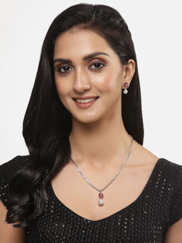 ZENEME - Rhodium-Plated Red Ad Studded Flower Pendant with Earrings