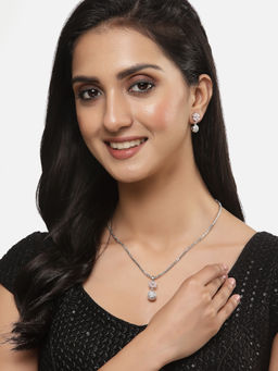 ZENEME - Rhodium-Plated Pink Ad Studded Flower Pendant with Earrings