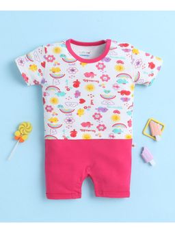 Bumzee - White and Pink Girls Half Sleeves Thigh Length Romper